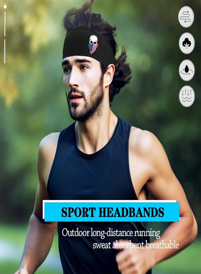 FACITE 3PCS Sweatbands for Men Women Sweat Band Headbands Men Sport Workout Headbands for Mens Cooling Head Bands Skull American Flag Stretchy Hairband for Running Yoga Gym Hip Hop Football 4th July Gift - Image 2